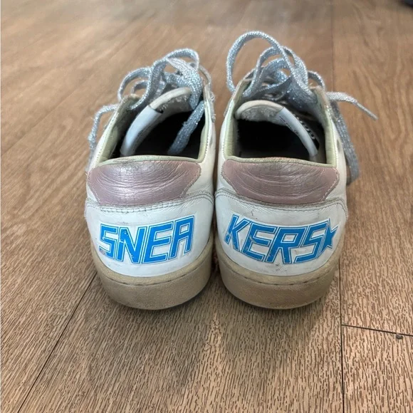 Golden Goose Ballstar White Sneakers with Pink and Silver Accents - Picture 4 of 6